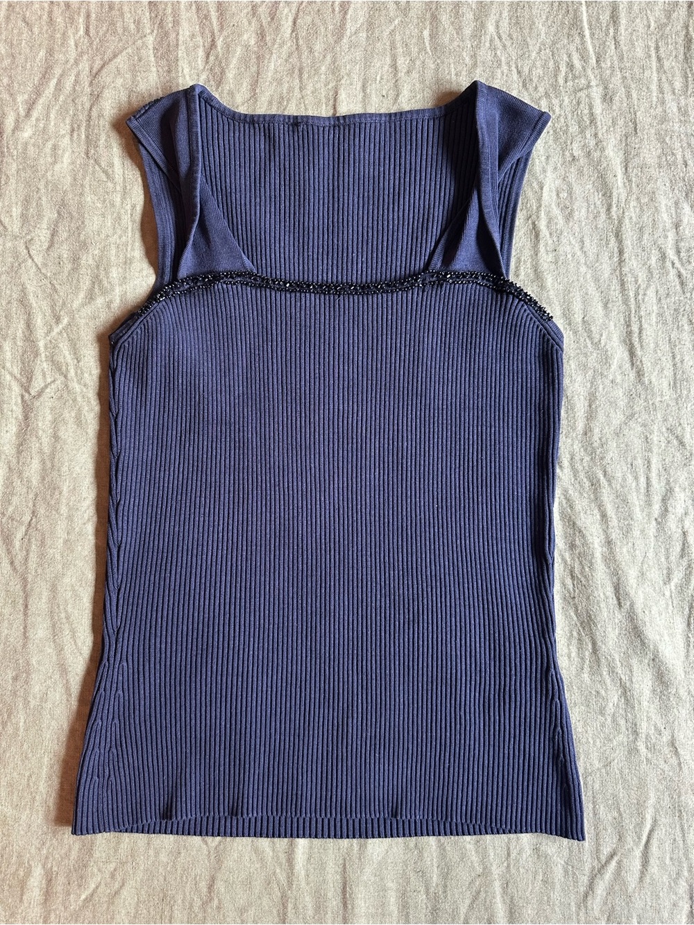 Vintage Silk Ribbed Square-Neck Black Tank Top